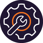 A stylised icon of a white gear with an orange ring inside it, featuring a black spanner crossing the centre, all set against a dark circular background.