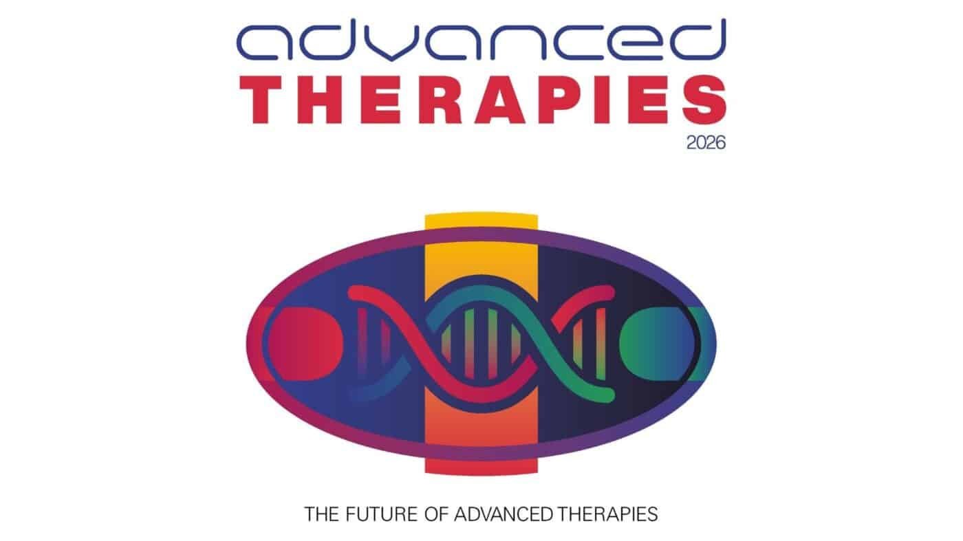 Logo for Advanced Therapies 2026, featuring stylised text and a colourful DNA double helix graphic, with the tagline The Future of Advanced Therapies below.
