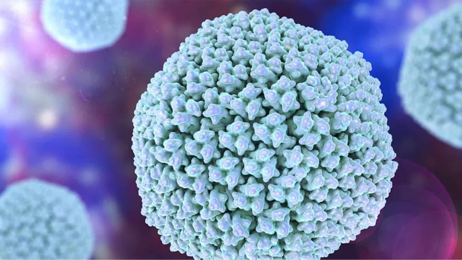 A close-up, 3D-rendered illustration of a virus particle with a geometric, spiked surface, shown in light blue and purple hues against a blurred blue and purple background.