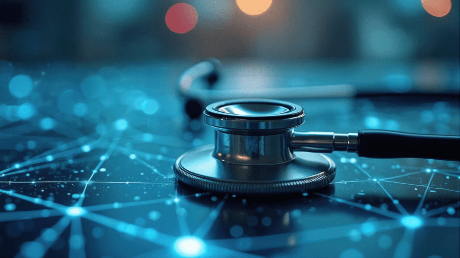 A stethoscope lies on a surface displaying a digital, interconnected network pattern, symbolising the integration of technology and healthcare. The background is softly blurred with blue glowing lights.