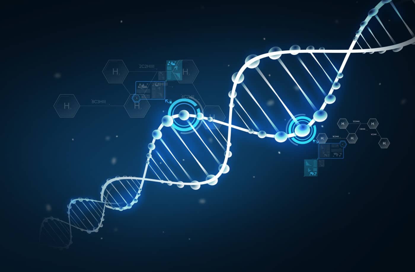 A glowing digital illustration of a DNA double helix on a dark background, with molecular symbols and hexagonal shapes, representing genetics and biotechnology concepts.