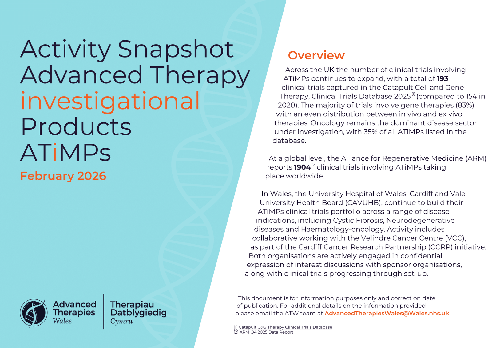 An informational graphic titled Activity Snapshot Advanced Therapy Investigational Products (ATiMPs) February 2026 with text overviewing clinical trials, logos, and contact details. Background is turquoise with orange and dark blue highlights.