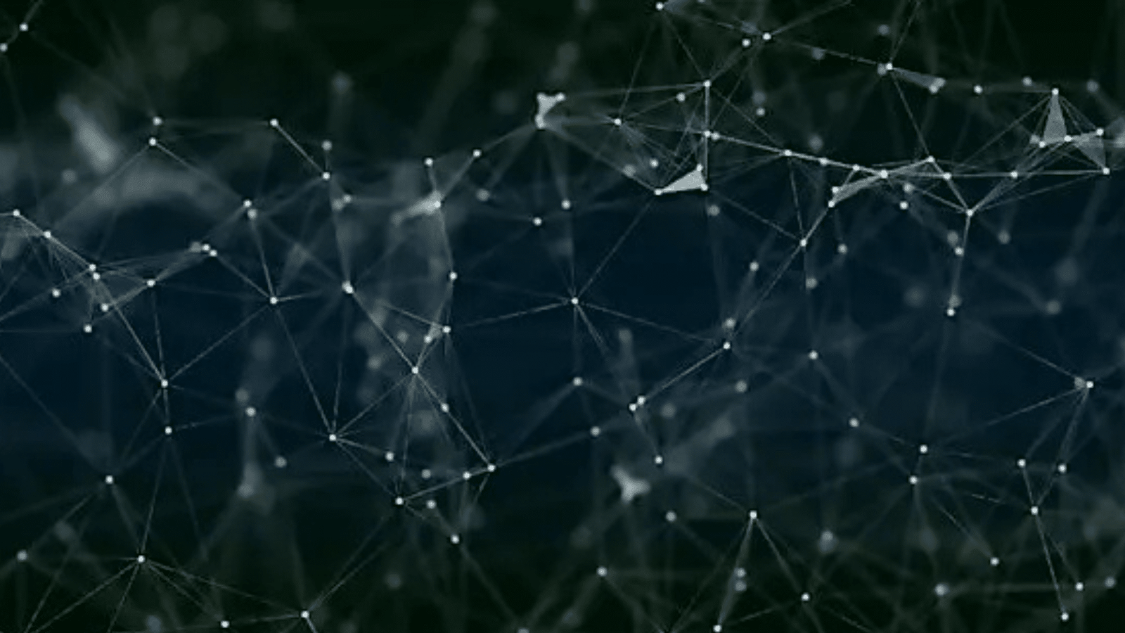 Abstract network of interconnected white dots and lines on a dark, blurred background, creating a digital, web-like pattern that suggests data connections or a complex technological structure.