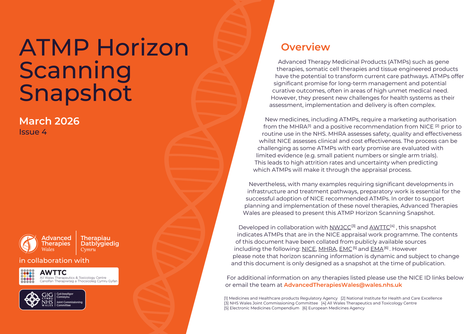 Informational flyer titled ATMP Horizon Scanning Snapshot, Issue 4, March 2026. It explains the review of advanced therapy medicinal products and collaboration between NHS Wales and other organisations.