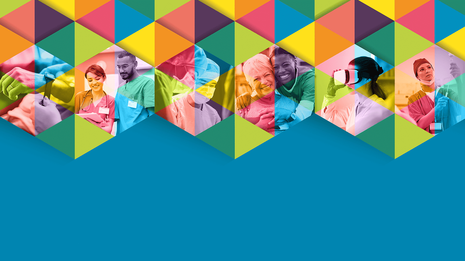 A colourful geometric pattern frames circular photos of diverse healthcare professionals and patients, all smiling or interacting in medical settings, against a bright blue background.