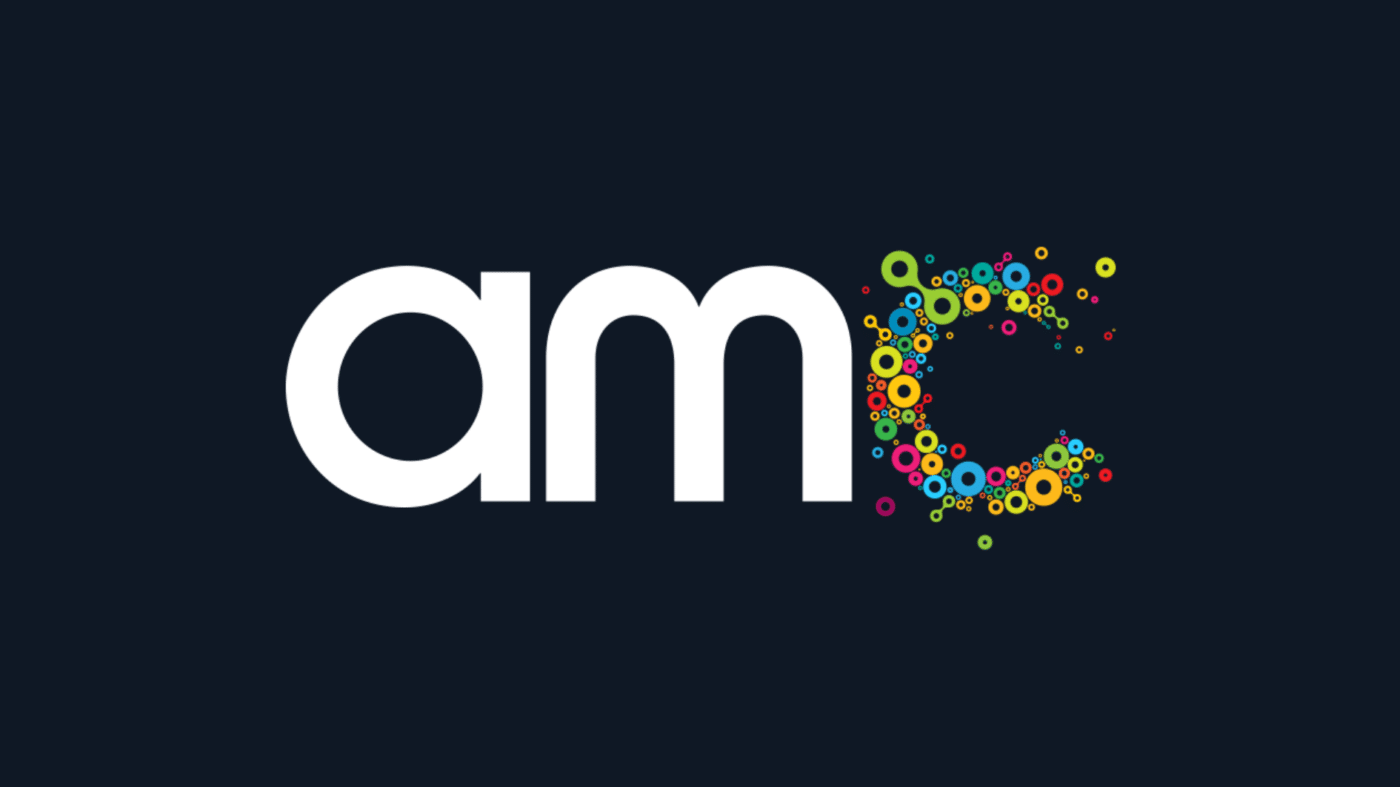 The image shows the letters amc; the C is made up of multicoloured circles of various sizes, while a and m are solid white on a dark background.