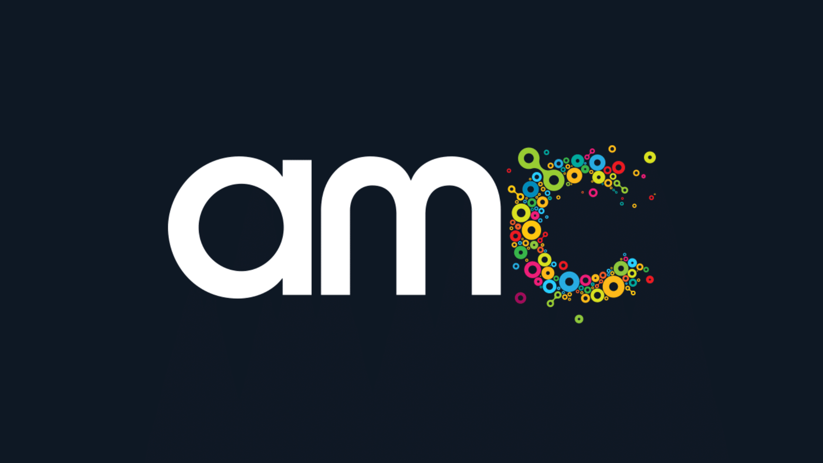 The image shows the letters amc; the C is made up of multicoloured circles of various sizes, while a and m are solid white on a dark background.