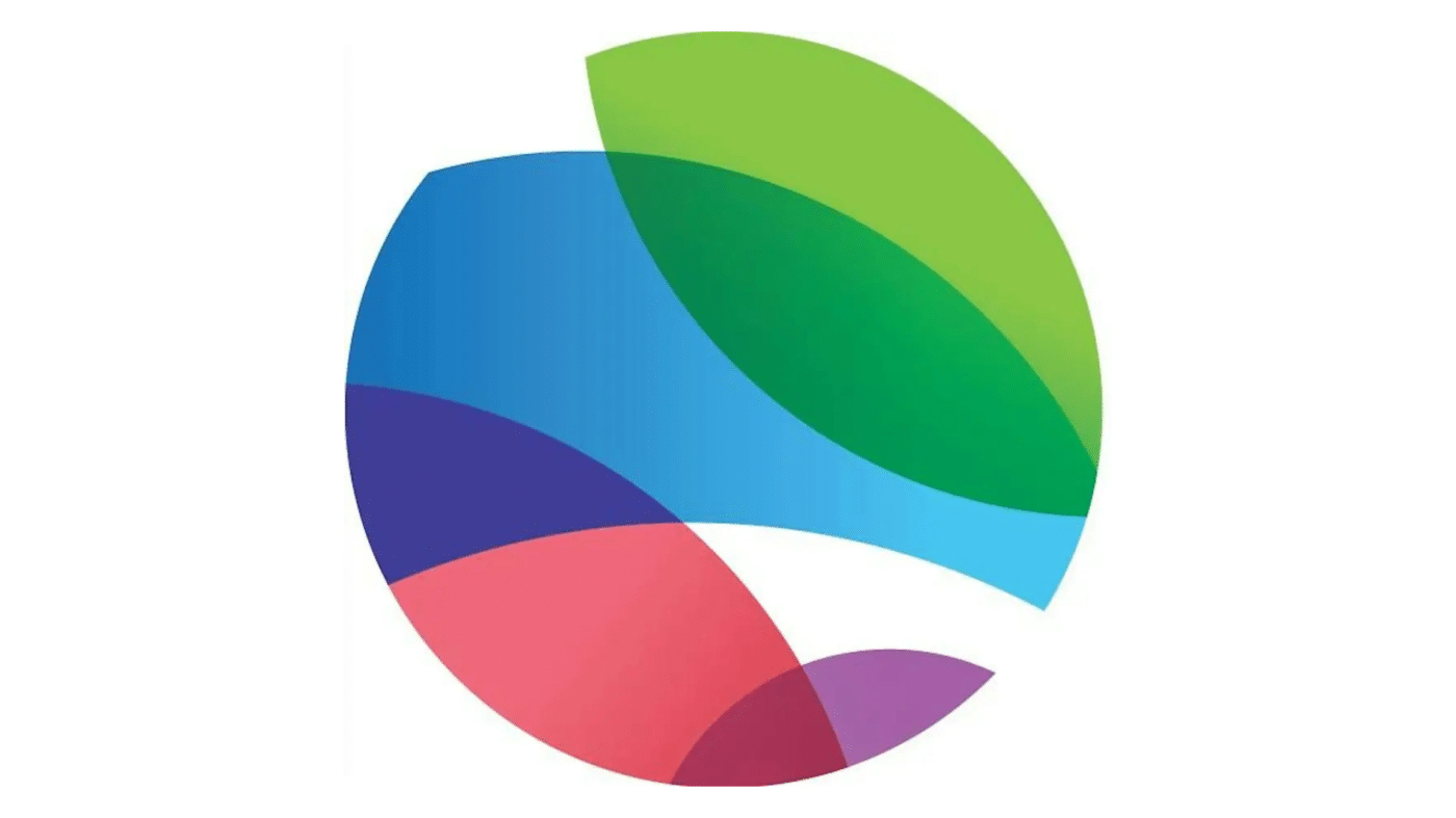 A circular abstract logo with overlapping shapes in blue, green, red, and purple on a white background. The shapes form a swirl, resembling leaves or petals.