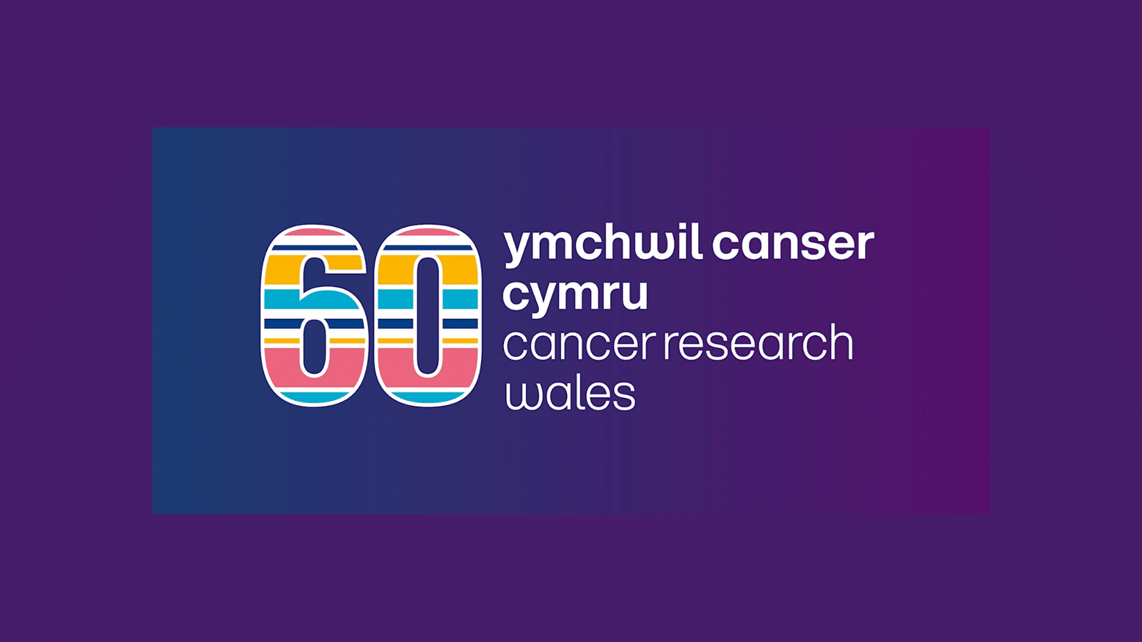 A colourful striped number 60 beside ymchwil canser cymru cancer research wales text, all on a purple background.