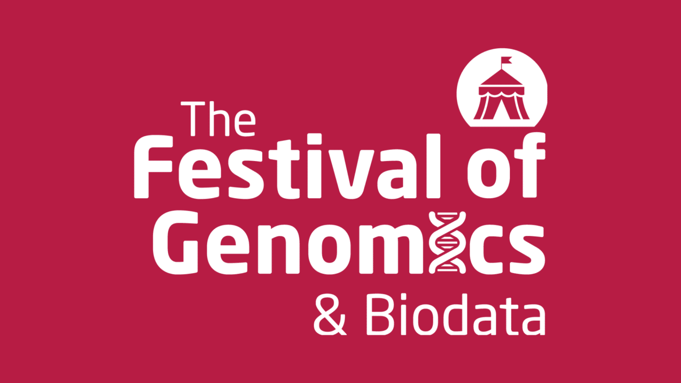 White text reads The Festival of Genomics & Biodata on a red background. The letter I in Genomics is stylised as a DNA helix. A circus tent icon appears above the text.