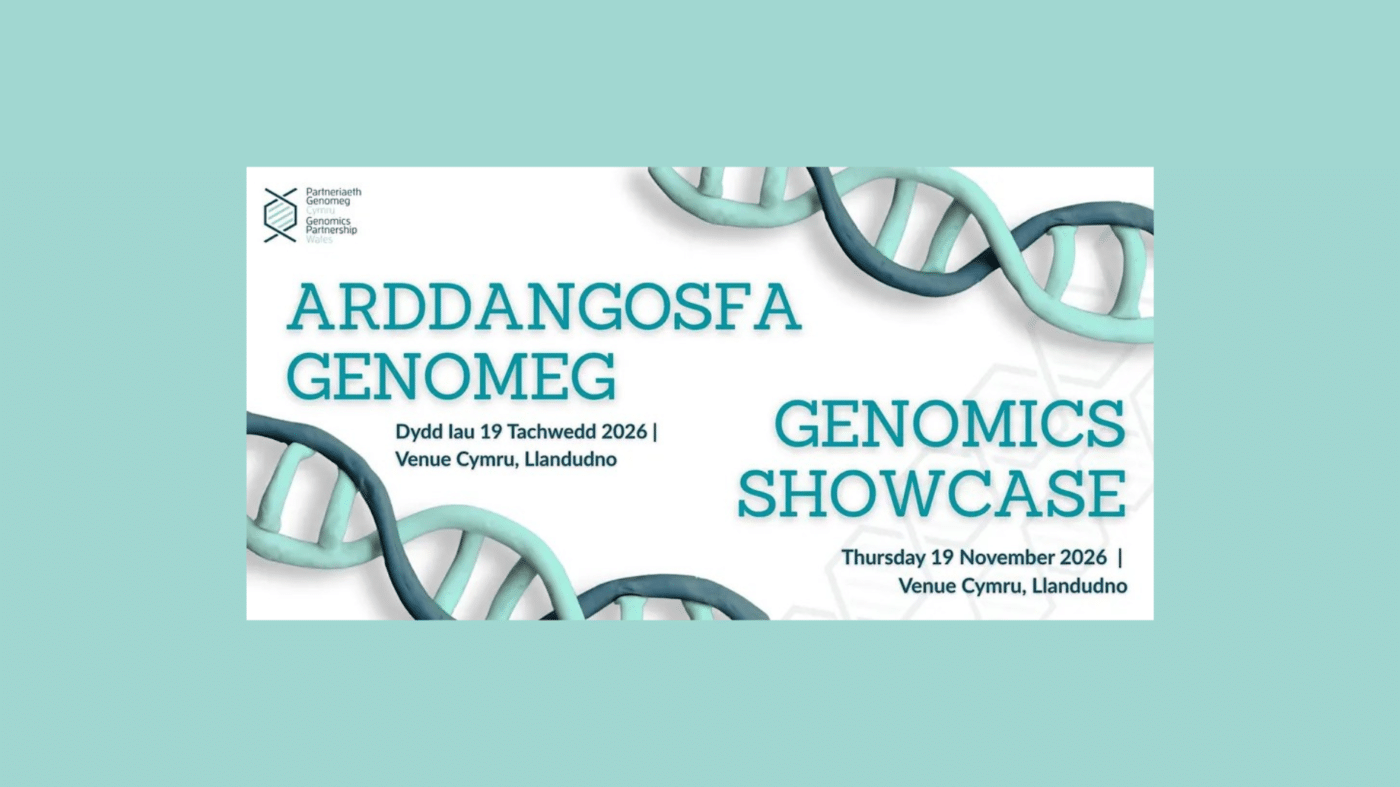 Event banner shows Arddangosfa Genomeg / Genomics Showcase with DNA helices. Event date: 19 November 2026, Venue Cymru, Llandudno. British Society for Genetic Medicine and partner logos in the corner. Turquoise background.