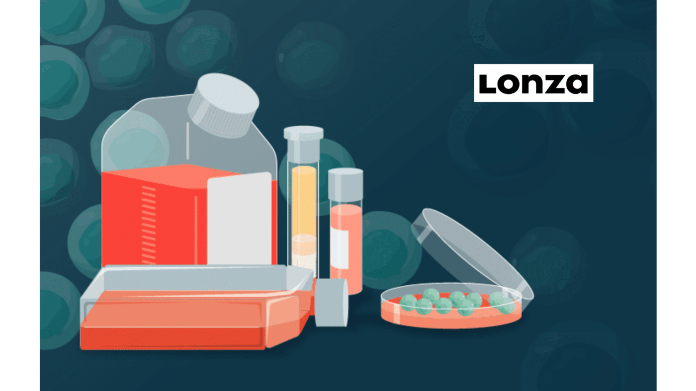 Illustration of lab containers, test tubes, a petri dish with green spheres, and a bottle of red liquid, with the word Lonza on a dark background.