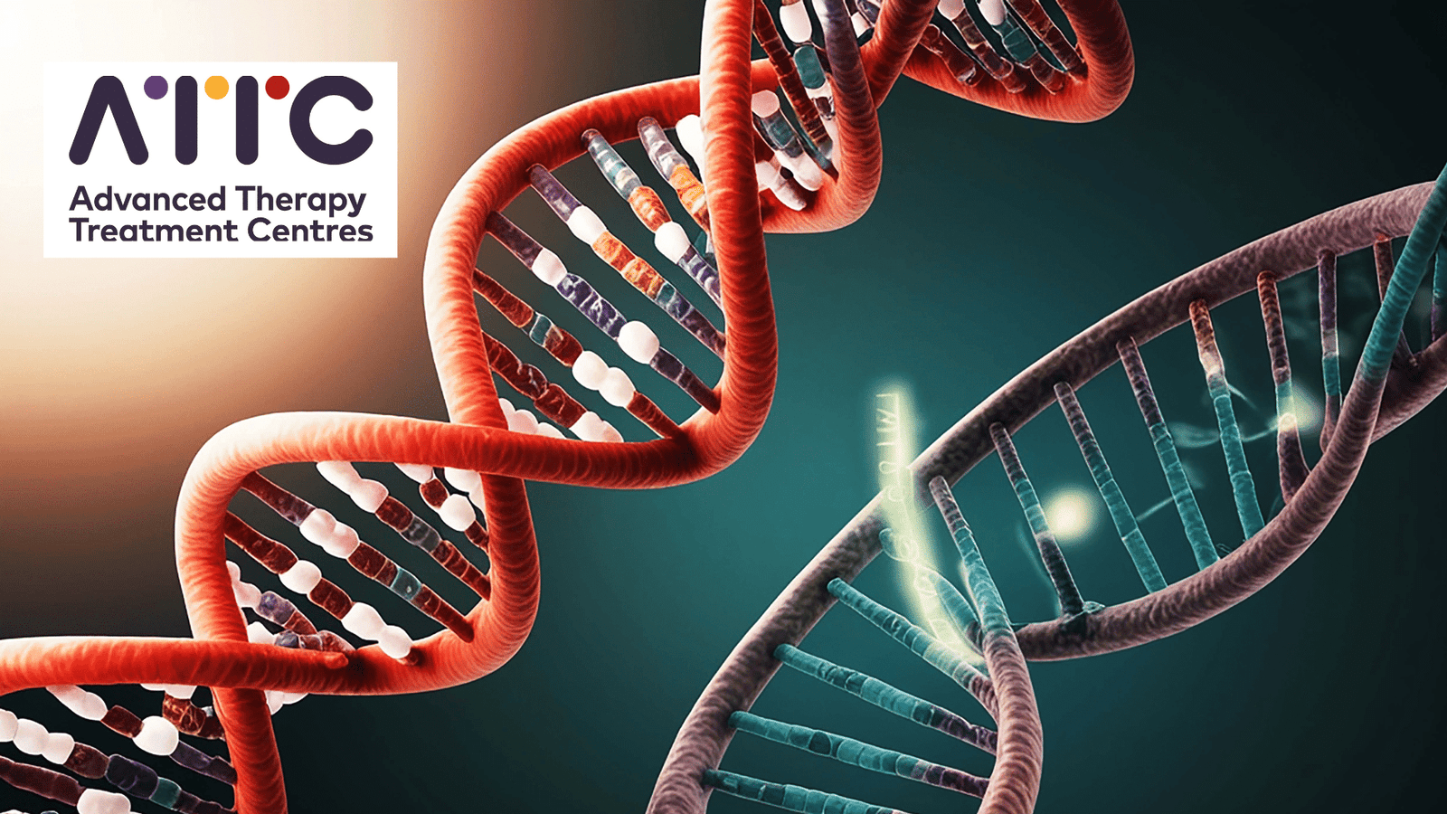 Close-up of two DNA double helix strands with colourful bases, set against a gradient background. Advanced Therapy Treatment Centres logo appears in the top left corner.