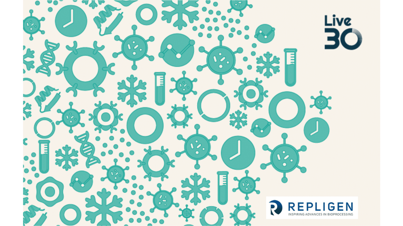 Teal science icons (molecules, DNA, clocks, lab equipment) scattered on a light background. Live 30 appears in the top right. Repligen's logo and tagline are at the bottom right.