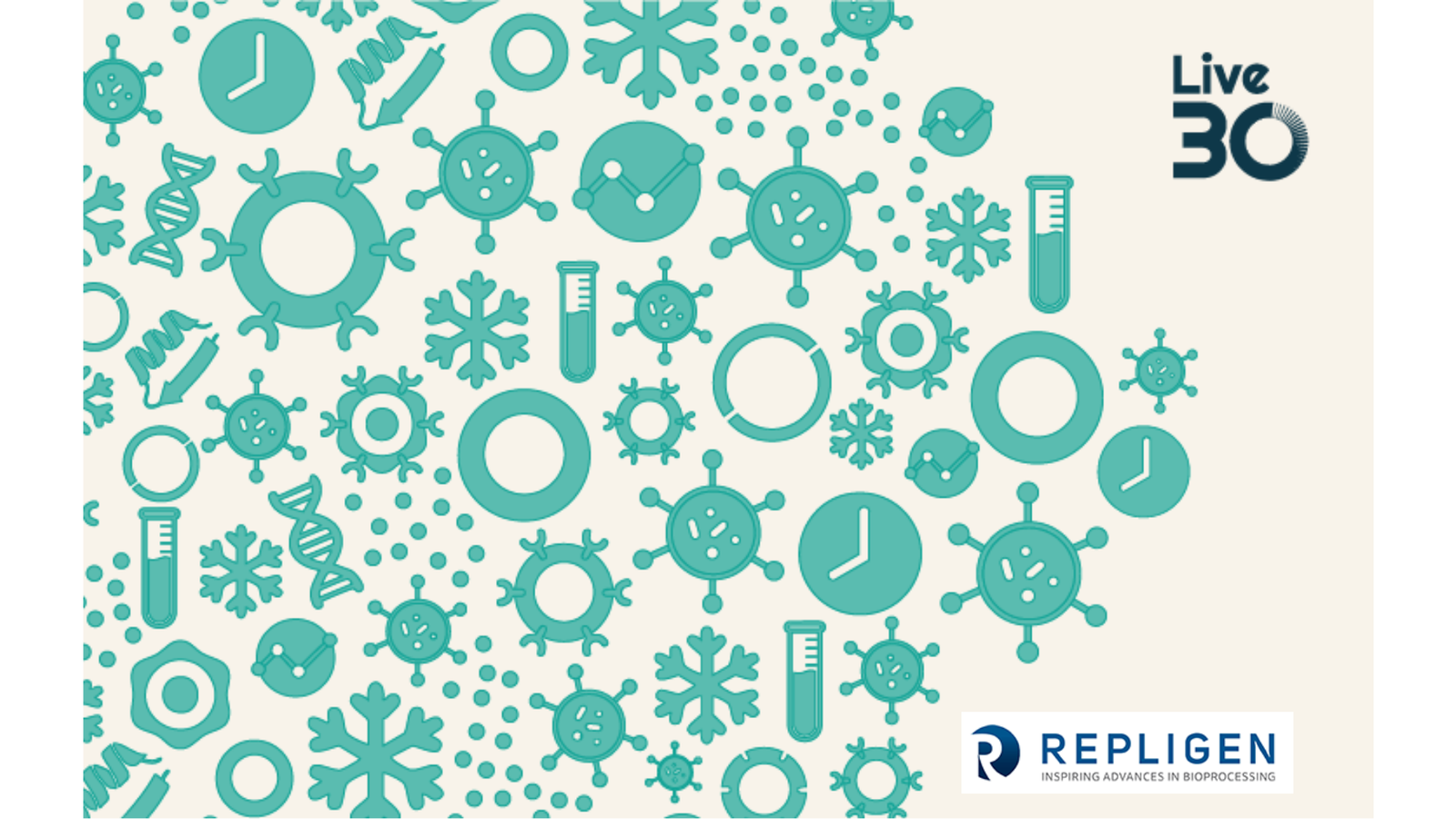 Teal science icons (molecules, DNA, clocks, lab equipment) scattered on a light background. Live 30 appears in the top right. Repligen's logo and tagline are at the bottom right.