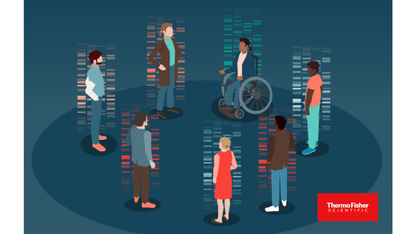 Illustration of diverse people, including one in a wheelchair, standing in a circle over DNA strand graphics. The Thermo Fisher Scientific logo appears in the lower right corner.