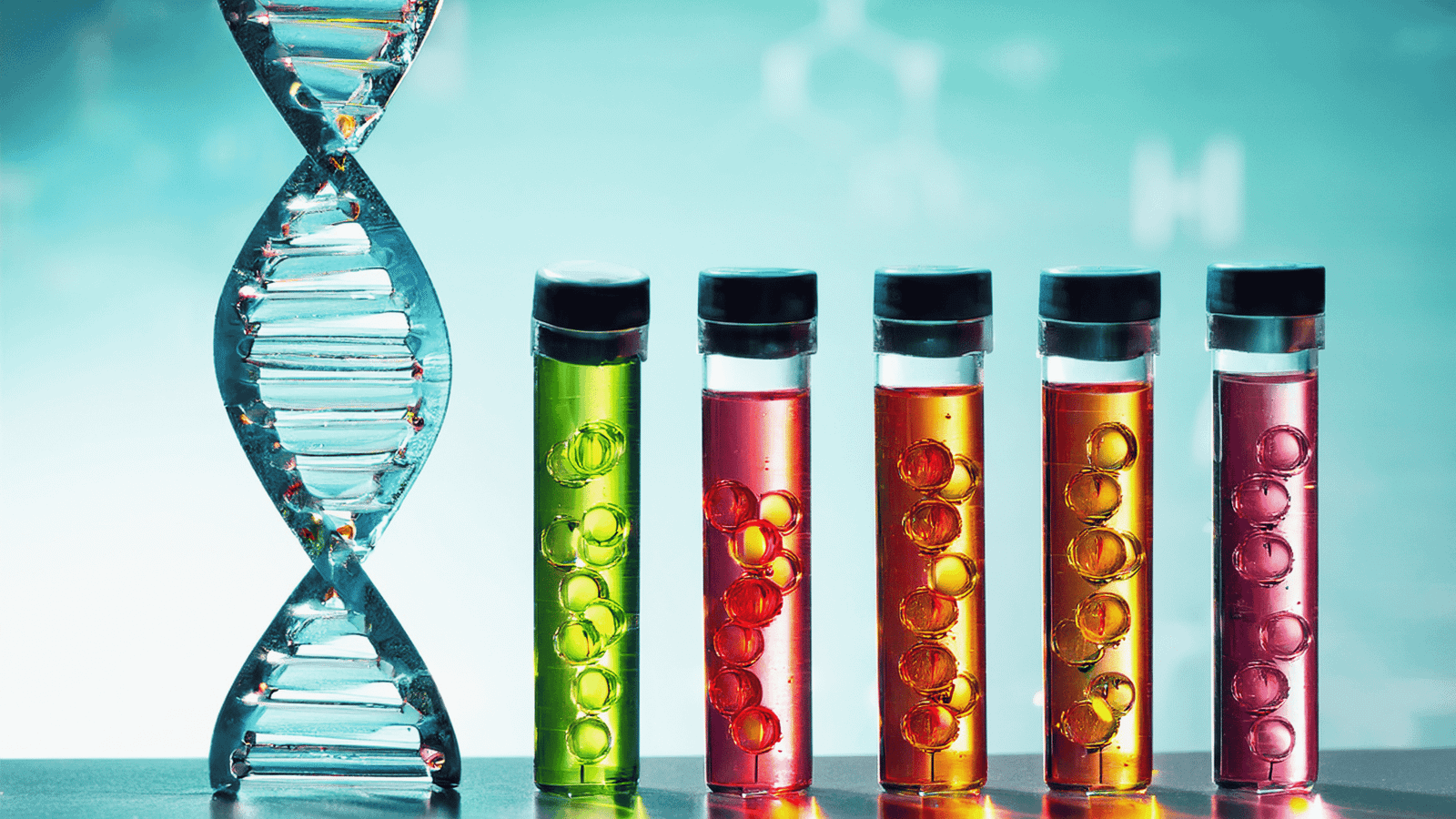 A glass DNA model stands beside five vials filled with colourful liquids and bubbles, arranged in shades of green, yellow, orange, red, and pink against a blue scientific background.